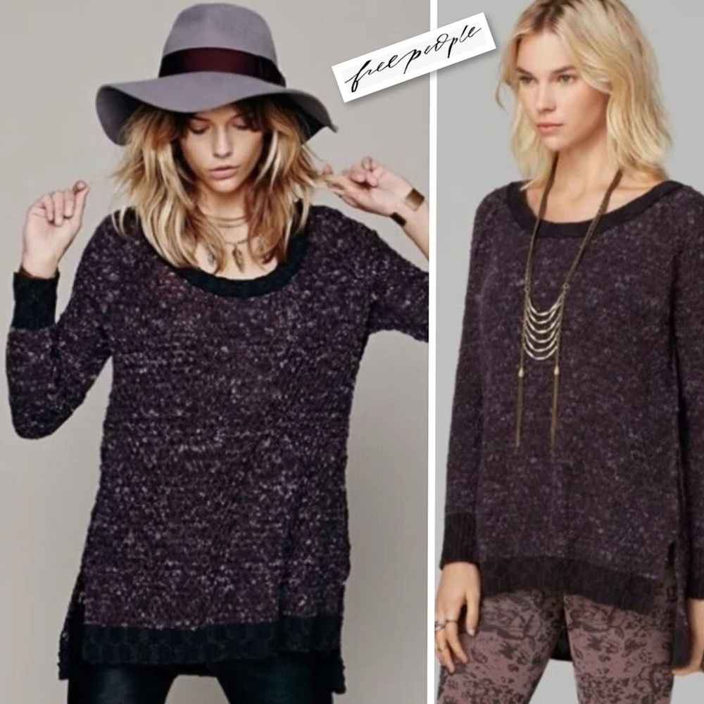 Free People Jeepster Textured Open Knit Scoop Neck Sweater Tunic Purple Size M